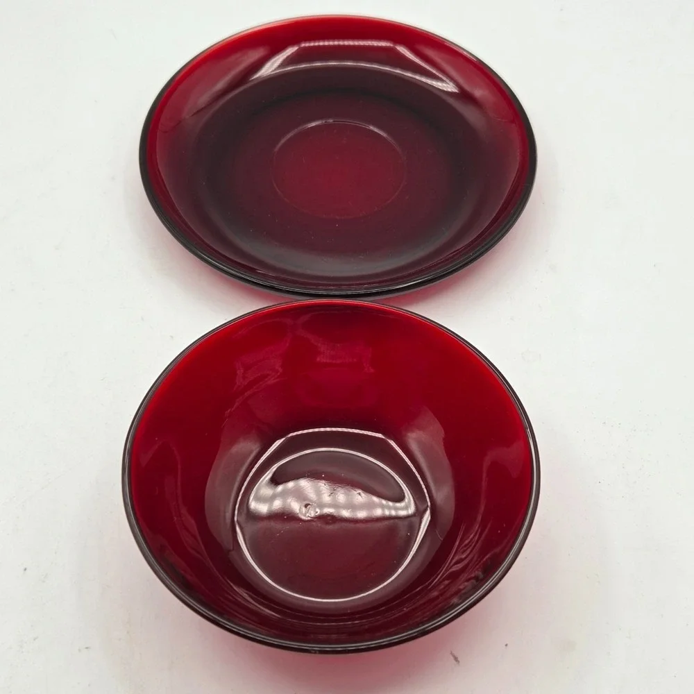 Ruby Red Glass Bowl With Saucer for Cereal Soup or Dessert Arcoroc France Lumina